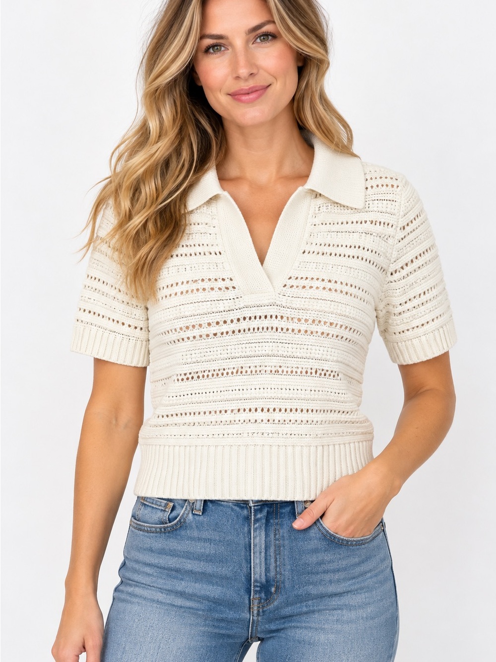 Marled Ivory Open Knit Polo Sweater Top XS Short Sleeve Coastal